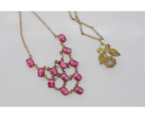 Vintage 9ct gold & pink glass necklace with another vintage necklace