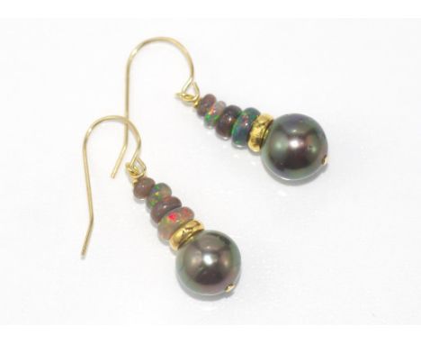 Tahitian pearl and black opal earrings with 9ct gold hooks