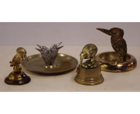 Vintage silver plated bird cigar cutter 9.5cm high approx., together with an Australian cast metal kookaburra dish & paperwei
