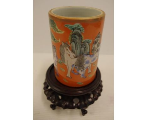 Yung Chen ceramic brush pot orange decorated  with horses, seal to base, H11.5cm approx