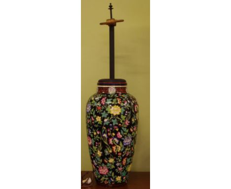 Large early Minton porcelain electric lamp with floral decoration, H105cm approx (as inspected)
