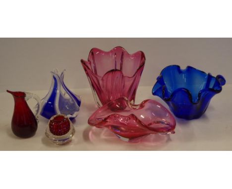 Six assorted art glass vases together with an art glass jug, H15.5cm approx (tallest)