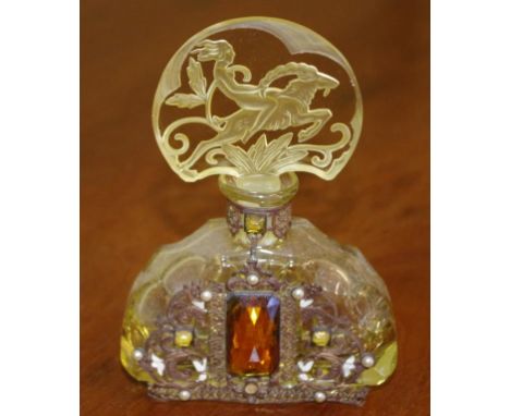 Art Deco Czech glass perfume bottle with metal & jewel decoration, 13cm high approx.