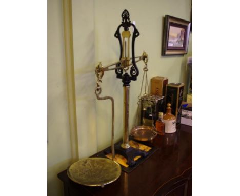 Victorian dairy beam scales by W&T Avery, brass and cast iron construction, 78cm high