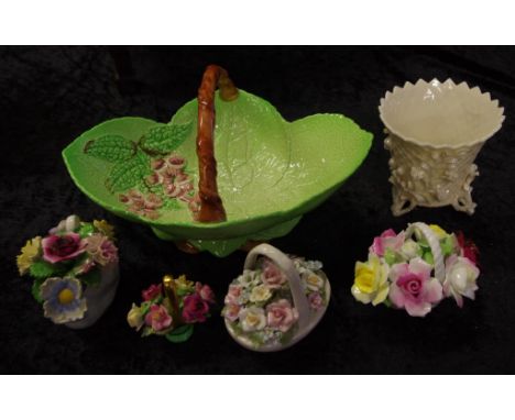 Carltonware basket 14cm high approx., together with a Black mark Belleek vase (a/f) & 4 posy vases