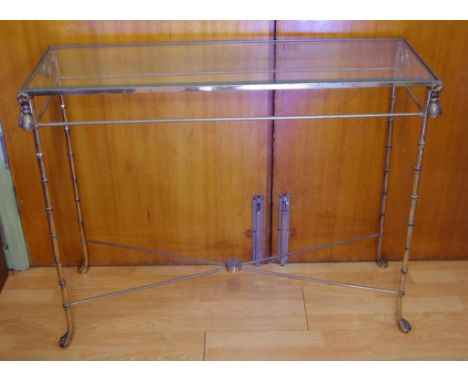 Glass top console table with gold painted metal base, 93cm wide, 73cm high