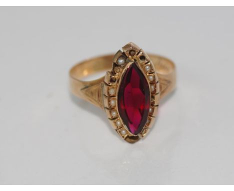 14ct yellow gold ring set  with red glass stone weight: 1.9 grams, size: Q-R/8, as inspected