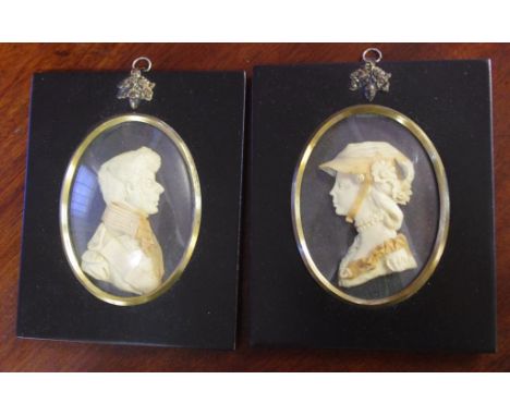 Two Georgian Leslie Ray wax portrait miniatures 15.5cm X 12.5cm approx