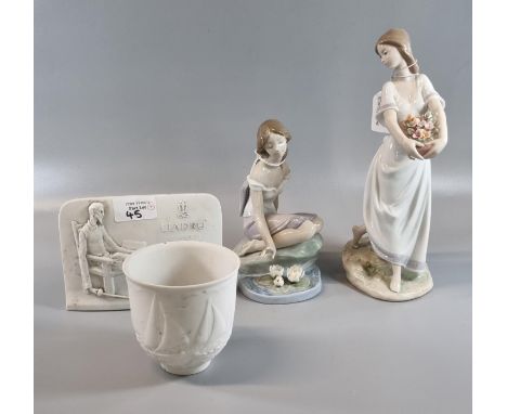 Two Lladro Spanish figurines, Privilege Society 2004 and 2005 together with a Collector's Society advertising plaque and porc