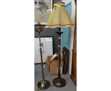 Victorian brass oil burner lamp now converted to a standard lamp on an Arts &amp; Crafts style base together with a modern wo