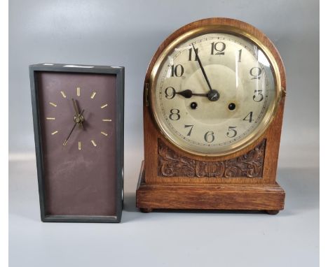 Early 20th century oak two train dome shaped mantle clock together with a contemporary slate design rectangular clock.  (2)  