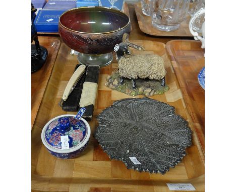 Tray of assorted items to include: Excalibur Glass hand painted in Wales by Christine Catford 'Vas of Guinevere' pedestal bow