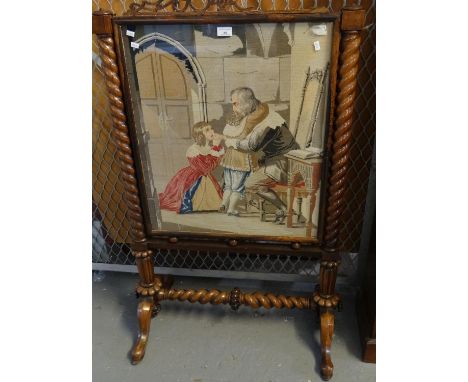 Victorian rosewood figural tapestry fire screen on barley twist pilasters and supports. (B.P. 21% + VAT)  Framework top of sc
