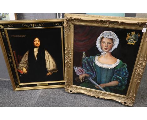 Portrait study of a young woman with broad sword in 18th century style, bearing armorial.  Oils on panel.  84x70cm approx.  t