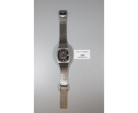 Omega stainless steel Quartz De Ville gents wrist watch with Baton numerals, date aperture, sweep seconds hand and Omega brac