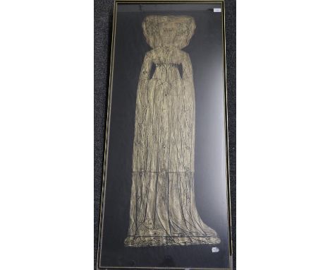 Large framed portrait brass rubbing of a medieval woman with dog. 134 x 56cm approx. Framed.(B.P. 21% + VAT) 