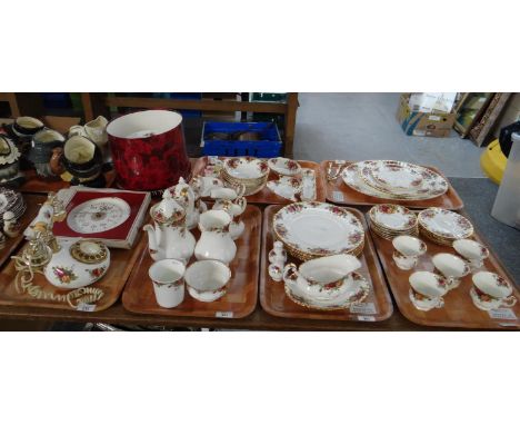 Seven trays of Royal Albert 'Old Country Roses' design items to include: sauceboat on stand, various plates, teacups and sauc
