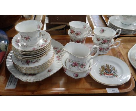 Tray of Royal Albert English bone china 'Lavender Rose' design teaware to include: teacups and saucers, small plates, serving