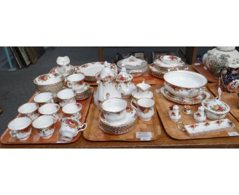 Five trays of mostly Royal Albert 'Old Country Roses' to include: coffee pot, teapot, milk jug, sugar bowl, teacups and sauce