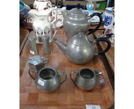 Tray of English Sheffield Craftsman pewter items to include: teapot, water pot, two handled sucrier, milk jug, small preserve