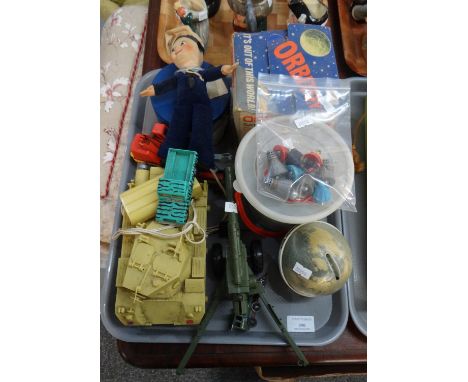 Tray of assorted toys to include: miniature Dr Who Daleks and Barman and Robin, Orbittoy Space Spinner in original box, Natio