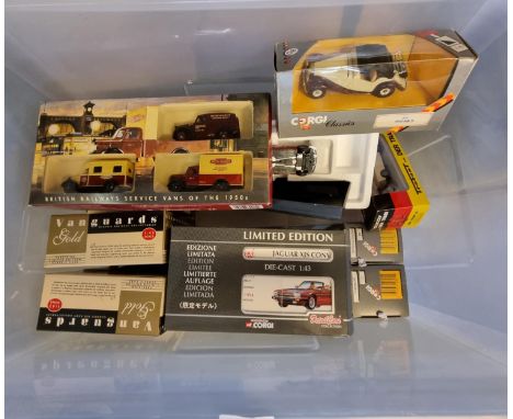 Plastic box of assorted diecast model vehicles to include: Vanguards, Detail Car Collection by Corgi, Jaguar XJS, promotional