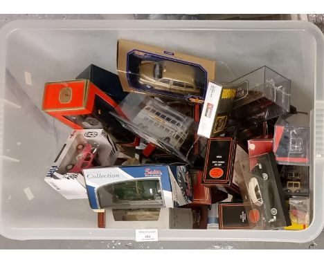 Plastic box of sorted diecast model vehicles to include: Corgi, The Original Omnibus, Corgi The Queen's Golden Jubilee Taxi, 