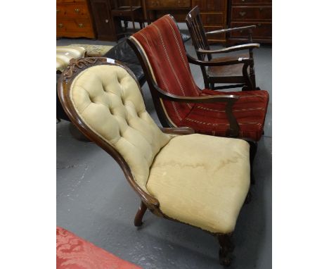 Victorian walnut framed button back upholstered fireside or nursing chair, together with a 19th Century oak stick back rockin