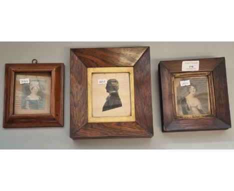 19th century portrait silhouette of a minister with painted highlights within rosewood frame having gilt slip. Together with 