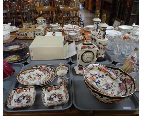 Four trays of Mason's Ironstone items to include: 'Mandalay' and 'Blue Mandalay' design centre bowls, clocks, table lamps, tr