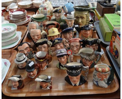 Two trays of character jugs, mainly Royal Doulton to include: 'The Poacher', 'The Fireman', 'John Doulton', 'Old Salt', 'The 