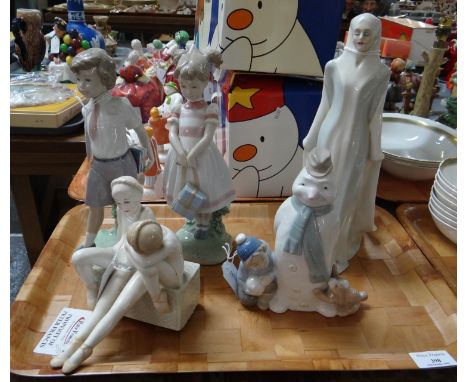 Tray of five figurines to include: Lladro boy and girl figures, Royal Doulton Reflections 'Sophistication' HN3059 and 'Tomorr