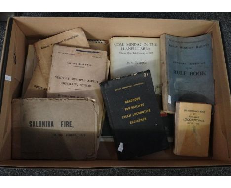 Box of railway ephemera and books to include;  'Handbook for railway steam locomotive enginemen' 1957, 'The Observers book of