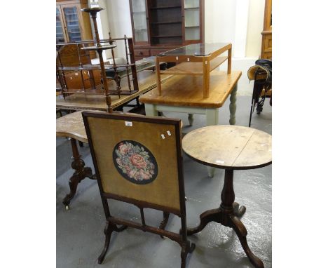 Collection of furnishing items to include: Victorian walnut stretcher table, early 20th century oak cigarette stand, 19th cen