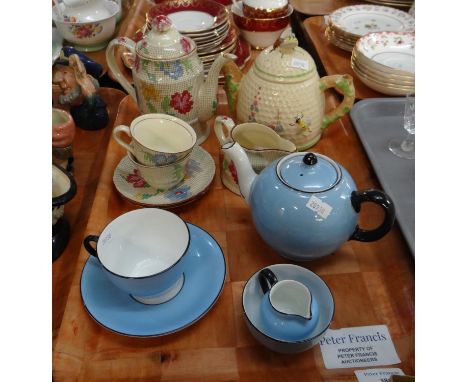 Tray of china to include: Mason's 'Sampler' pattern coffee pot, coffee cups and saucers and milk jug, Anchor china 'Bridgwood