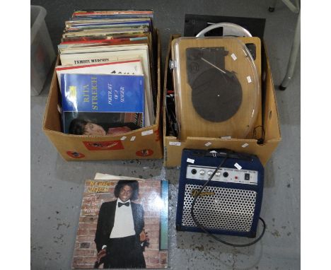 Two boxes of musical equipment, accessories and vinyl records to include: a Daphon guitar amplifier TG-75, two record players