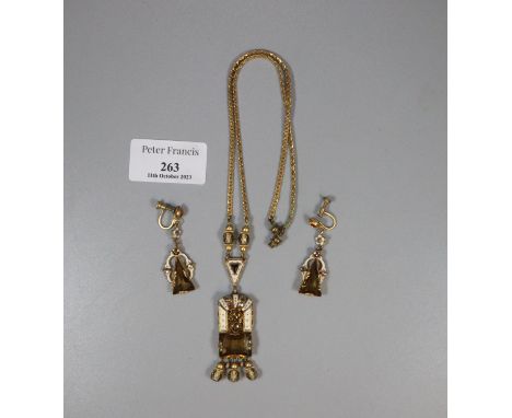 Unusual gilt metal coloured stone and enamel geometric design necklace with matching earrings.  Probably 1960s.  (B.P. 21% + 