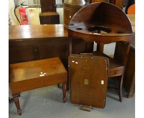 19th century mahogany inlaid bow front corner wash stand together with a 19th century mahogany commode and an early 20th cent