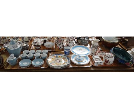 Three trays of china to include: nineteen piece Royal Doulton 'Rose Elegans' coffee set with coffee pot, blue and white 'Abbe
