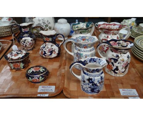 Two trays of china to include: Mason's Ironstone dresser jugs in various designs; 'Mandalay Red', 'Chartreuse', 'Topaz Blue',