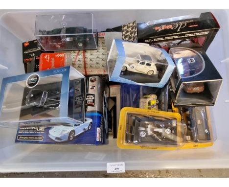 Plastic box of assorted diecast model vehicles to include: Oxford Automobile Company, various Maisto Assembly Line, Promotion