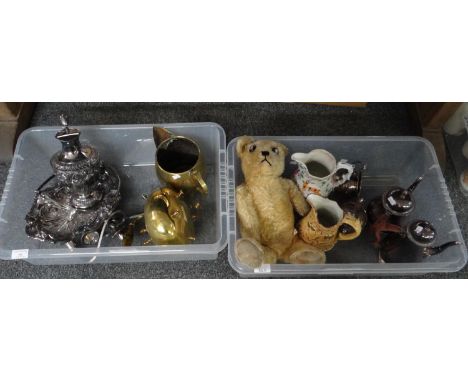 Two boxes of assorted items to include: brass kettle and jug, various silver plated items; pitcher, presentation basket, four