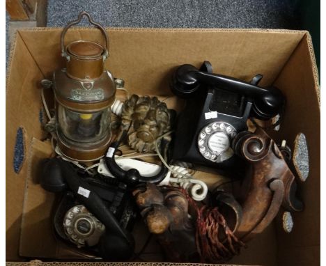 Box of assorted items to include: vintage rotary telephones, copper 'Masthead' lantern converted to electricity, carved woode