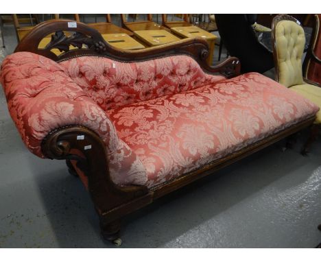 Victorian mahogany upholstered chaise longue on baluster turned legs, brass cups and ceramic casters.(B.P. 21% + VAT) 
