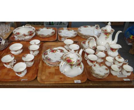 Five trays of Royal Albert 'Old Country Roses' English fine bone china to include: coffee pot, coffee cups, espresso cups, sa