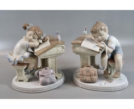 Two Lladro Spanish porcelain figurines, 'Sleepy Scholar' No. 6801 and 'Waiting for the Bell' No. 6802. With original boxes. (