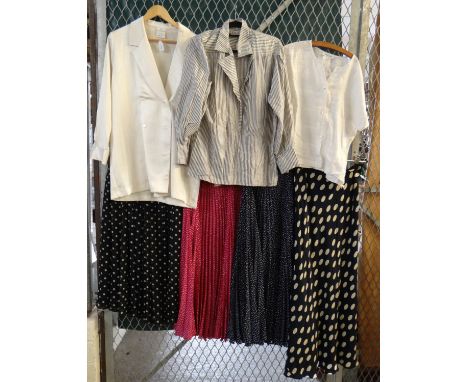 Collection of ladies vintage clothing to include: a Hobbs Marilyn Ansalm printed paisley crepe blouse, two pleated polka dot 