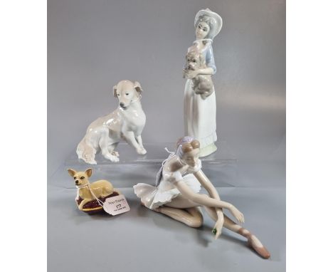 Lladro Spanish porcelain figurine of a seated Ballerina together with a Lladro study of a Labrador and another Spanish figuri