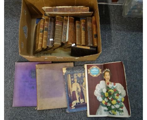 Box of antiquarian and vintage books to include: commemorative 'King Emporers Jubilee' etc, various fully and half leather bo