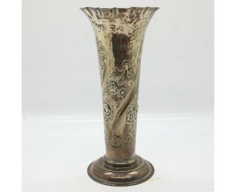 London hallmarked silver trumpet vase, weighted, London assay, H: 18cm. UK P&amp;P Group 1 (£16+VAT for the first lot and £2+